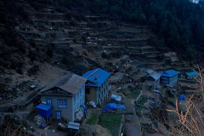 Everest Base Camp Day 2 - houses, lodges and terraced fields in Namche Bazar.