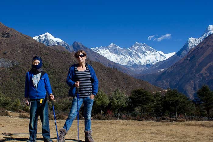 Everest Base Camp trek: Zac and me in front of Everest, in Namche Bazar.